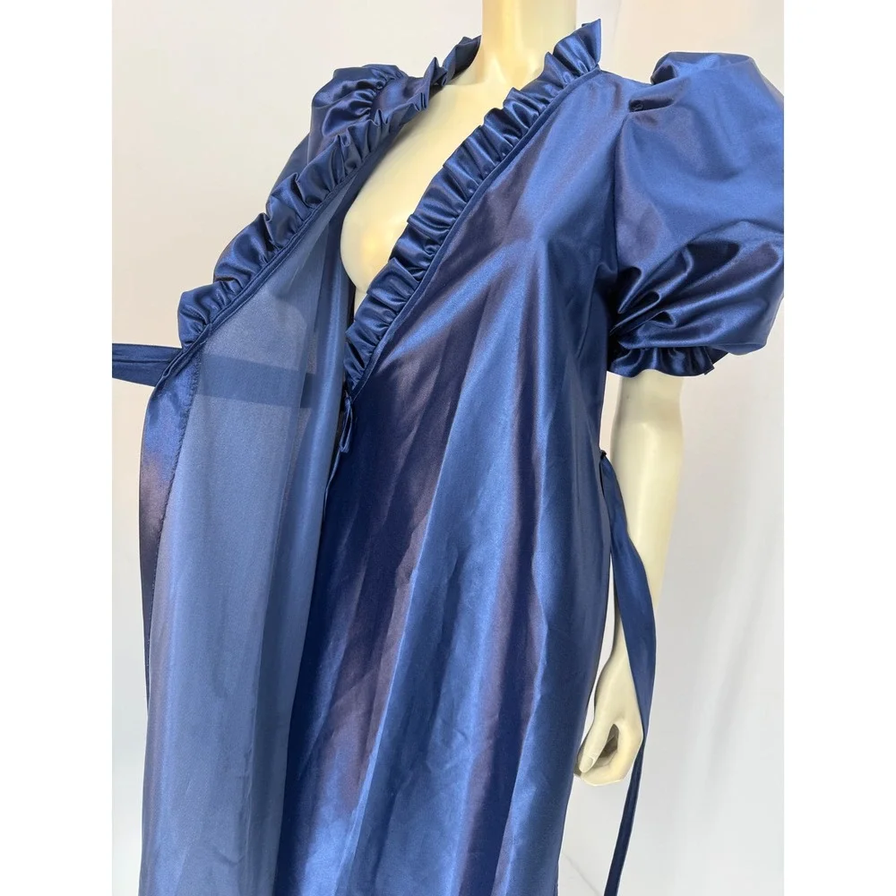 Vintage Puff‎ Sleeve Satin Robe Royal Blue Ruffle Neck Tie Waist Maxi Wrap M/L